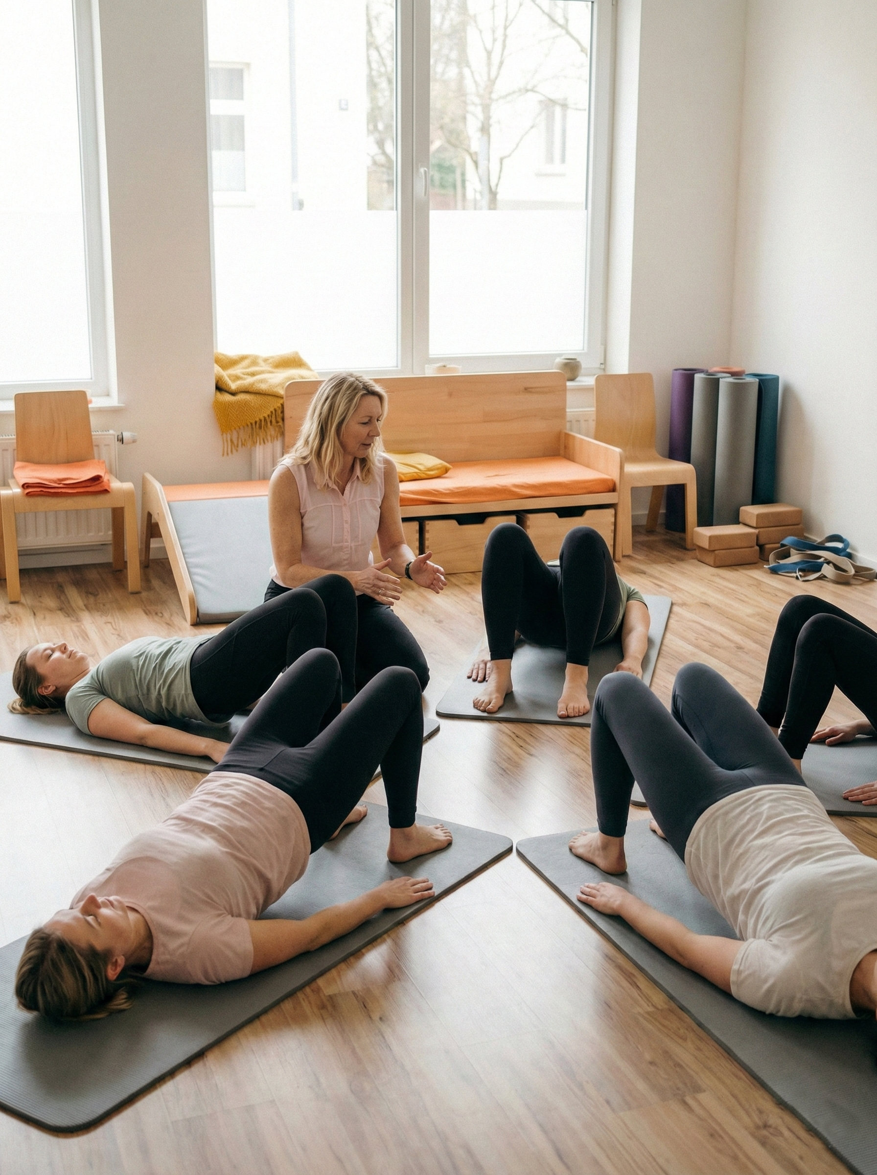 Pilates-Kurs-Gruppe mit 5 Frauen im Kreis beim Übungenmachen